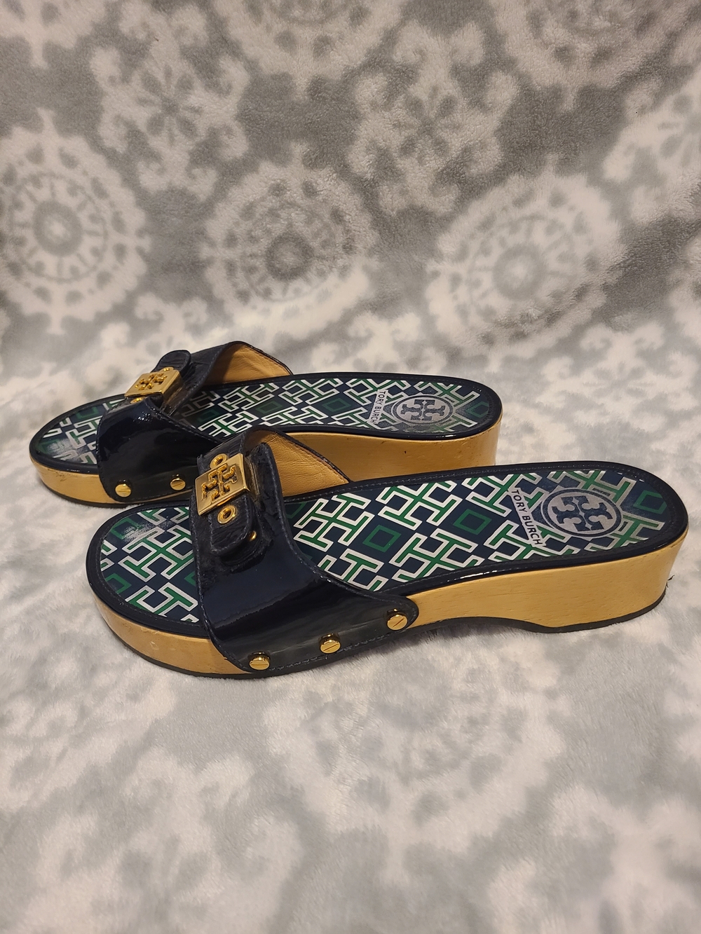 Tory Burch Navy And Green Slide Sandals Size 8